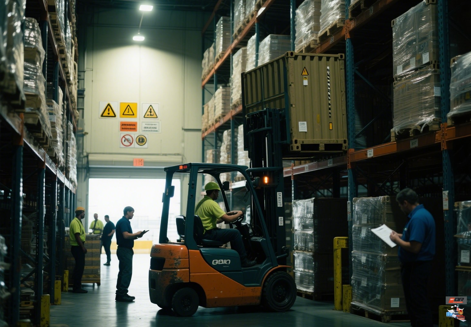 container loading and unloading in a Russian warehouse, demonstrating CBM capacity management Warehouse handling of containers in Russia, focused on CBM volume management for storage planning