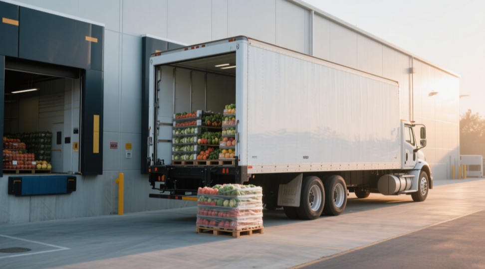 Refrigerated (reefer) truck loading produce at cold-storage dock Refrigerated truck loading fresh produce at a cold storage facility