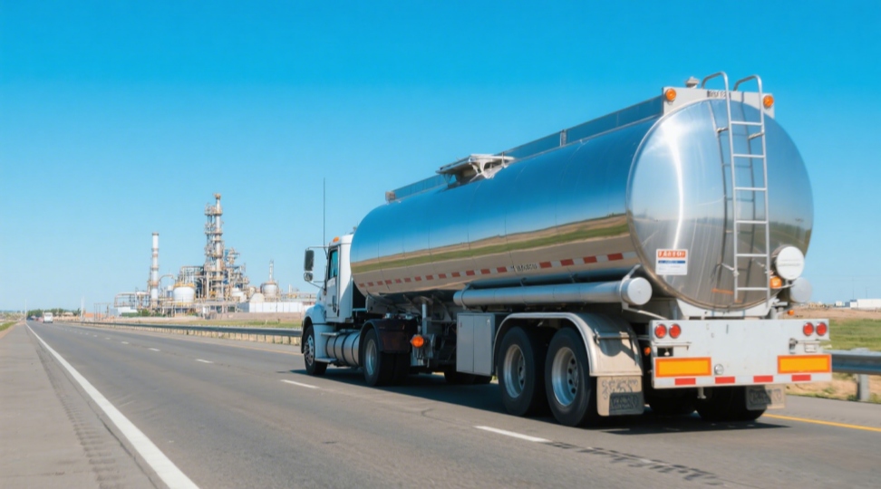 Stainless-steel tanker truck carrying chemicals on highway Medium box truck making a city delivery with liftgatey