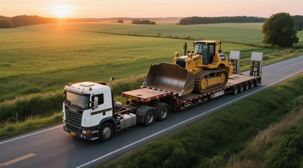 Heavy lowboy trailer transporting bulldozer on rural road Lowboy trailer carrying a bulldozer on a rural road