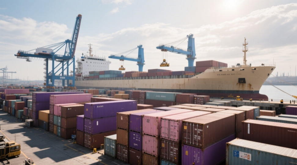ISO Containers at Global Shipping Terminal ISO containers stacked at an international port with cargo cranes and ships.