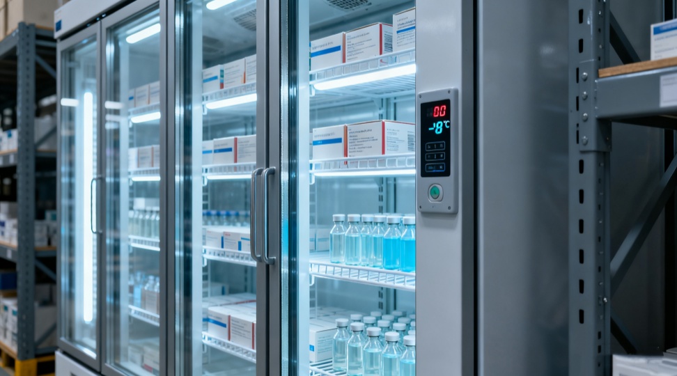 Pharmaceutical cold chain Pharmaceutical cold chain warehouse storing vaccines with temperature monitoring