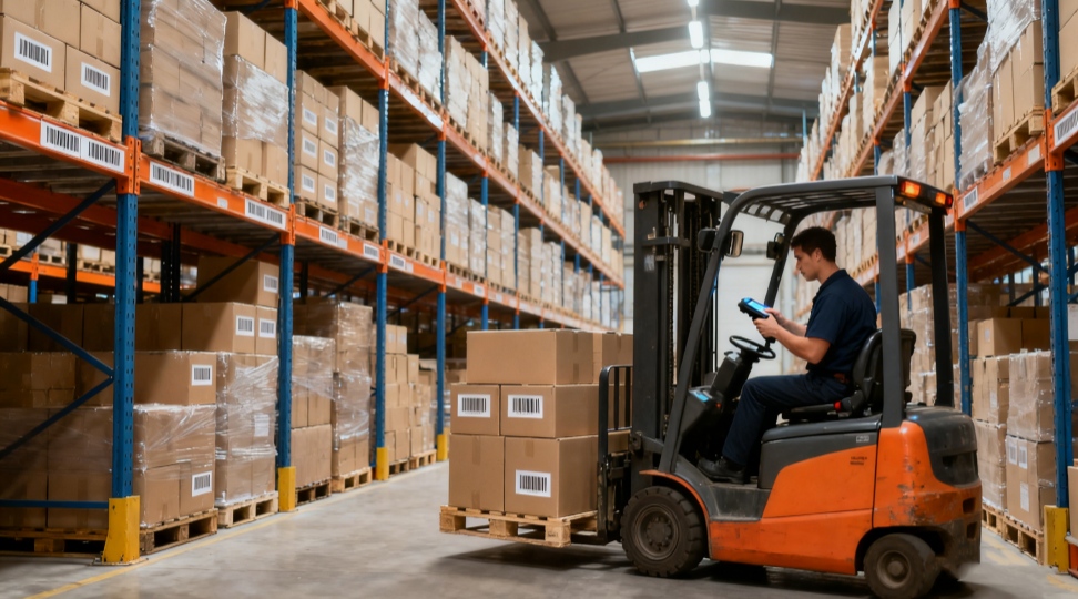 Supplier warehouse: raw material storage and handling Supplier warehouse interior with pallets and forklift in motion