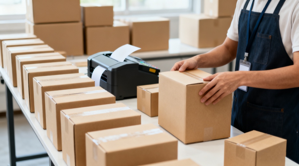 Vendor packing station for e-commerce shipments E-commerce vendor packing station with outgoing shipping boxes