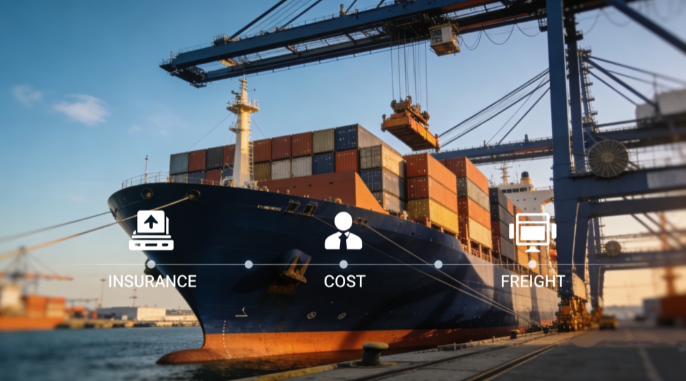 cif-hero-rotterdam Hero image of a cargo ship loading containers at a European port illustrating CIF shipping concept