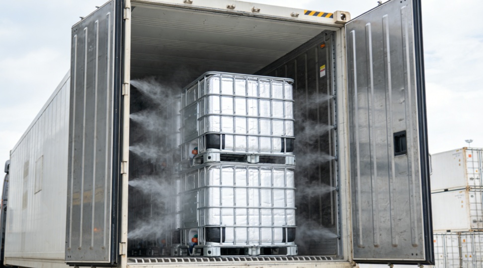 Refrigerated truck carrying insulated containers with pharmaceutical cargo for Europe&ndash;Asia cross-border cold chain logistics
