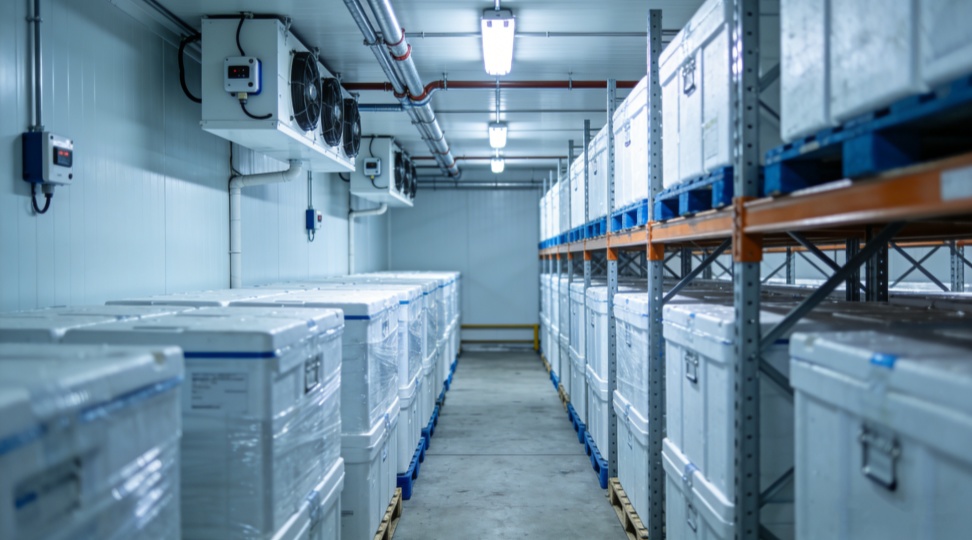 Temperature-controlled cold chain warehouse with insulated pallets and visible cooling systems for cold chain management solutions