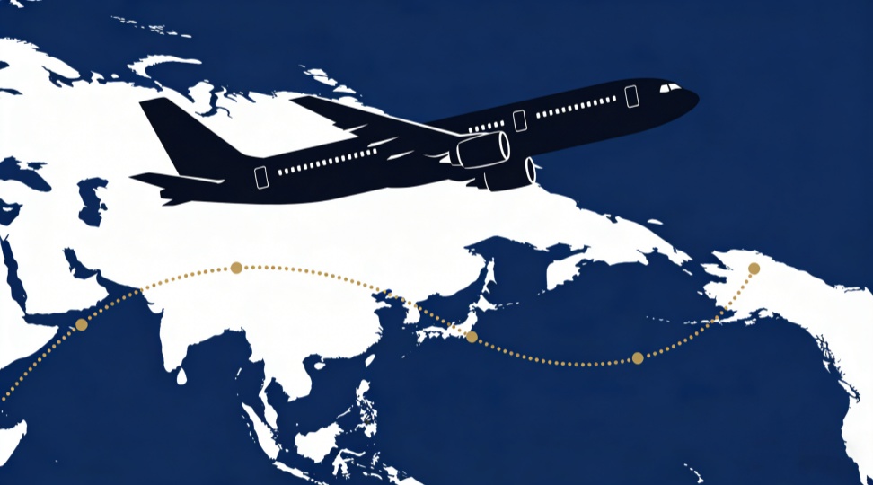 Eurasia air cargo network concept – freighter connecting continents Minimalist illustration of a freighter aircraft tracing a gold dotted line above a dark blue map of Europe and Asia. DR Trans matches aircraft types used in cargo shipping to actual shipment requirements, routing goods from Zhengzhou to Budapest or Ho Chi Minh to Tashkent without capacity mismatch.