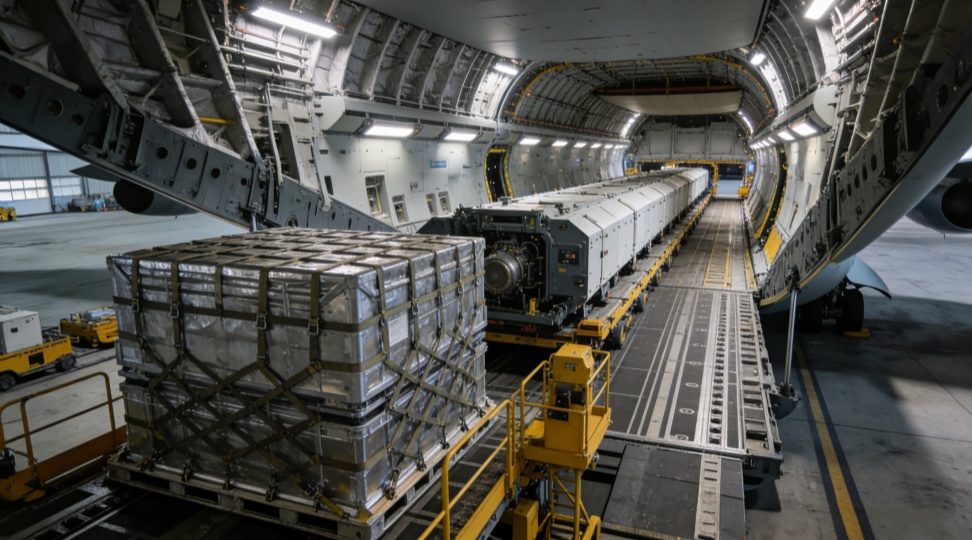Eurasia air freight route – wide-body freighter at dawn A wide-body freighter crosses the Eurasian continent during sunrise, representing the heavy cargo volume moving from Asia to Europe. This type of large freight aircraft dominates westbound lanes, carrying e‑commerce goods and automotive parts at high density.