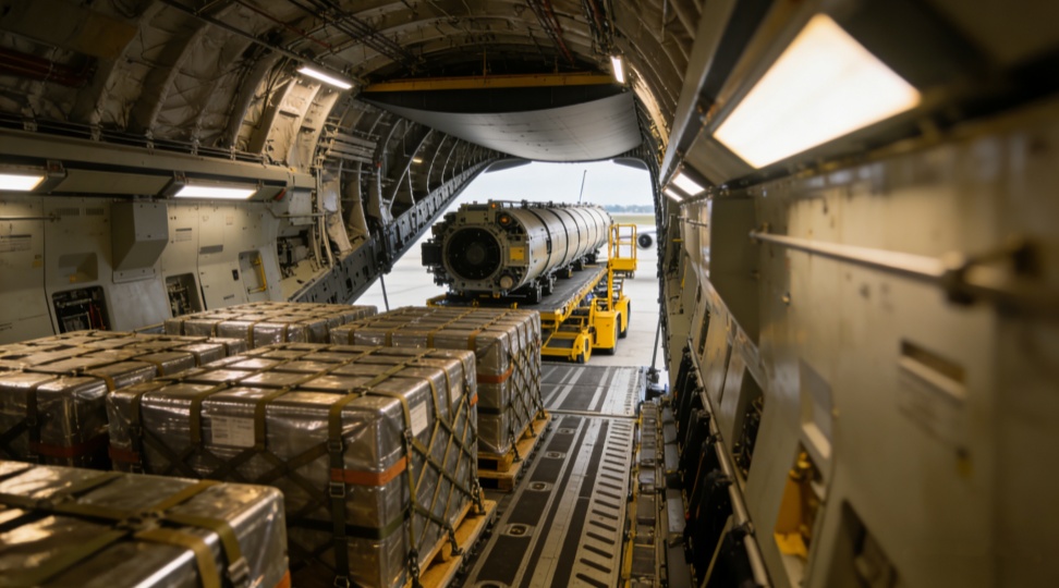 Wide-body freighter interior – main deck cargo operation Inside the main deck of a cargo plane, yellow ground support equipment loads industrial machinery and metal pallets. Main deck capability accepts shipments above 160 cm in height, making it the preferred freight aircraft type for oversized items like moulds and turbine blades on Eurasia lanes.