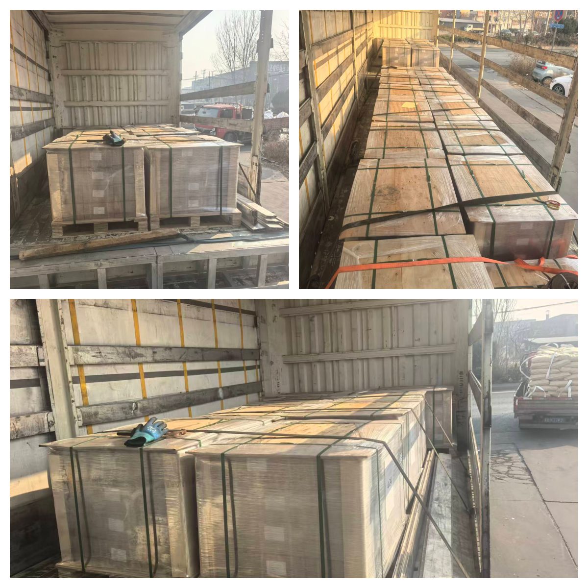 Workers securing hardware pallets with straps during loading in Handan for TIR transport to Russia