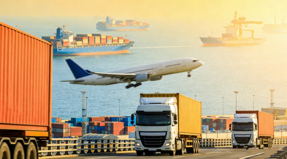Overview of global logistics: sea, air and road transport Global logistics hub with ship, airplane and trucks