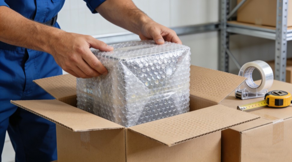 Proper packaging for safe international transport Worker packing fragile item with bubble wrap in warehouse