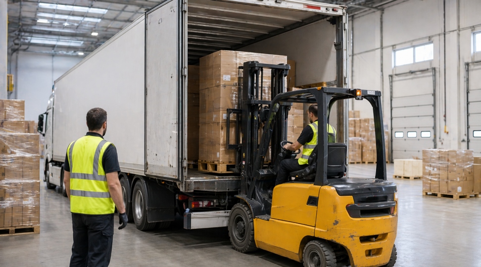 White semi-truck with cargo trailer driving on European highway - international road freight transport